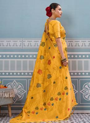 Mustard banarasi silk blend saree with gold zari floral weaving 2