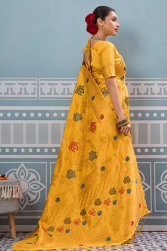 Mustard banarasi silk blend saree with gold zari floral weaving