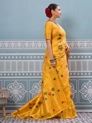 Mustard banarasi silk blend saree with gold zari floral weaving 3