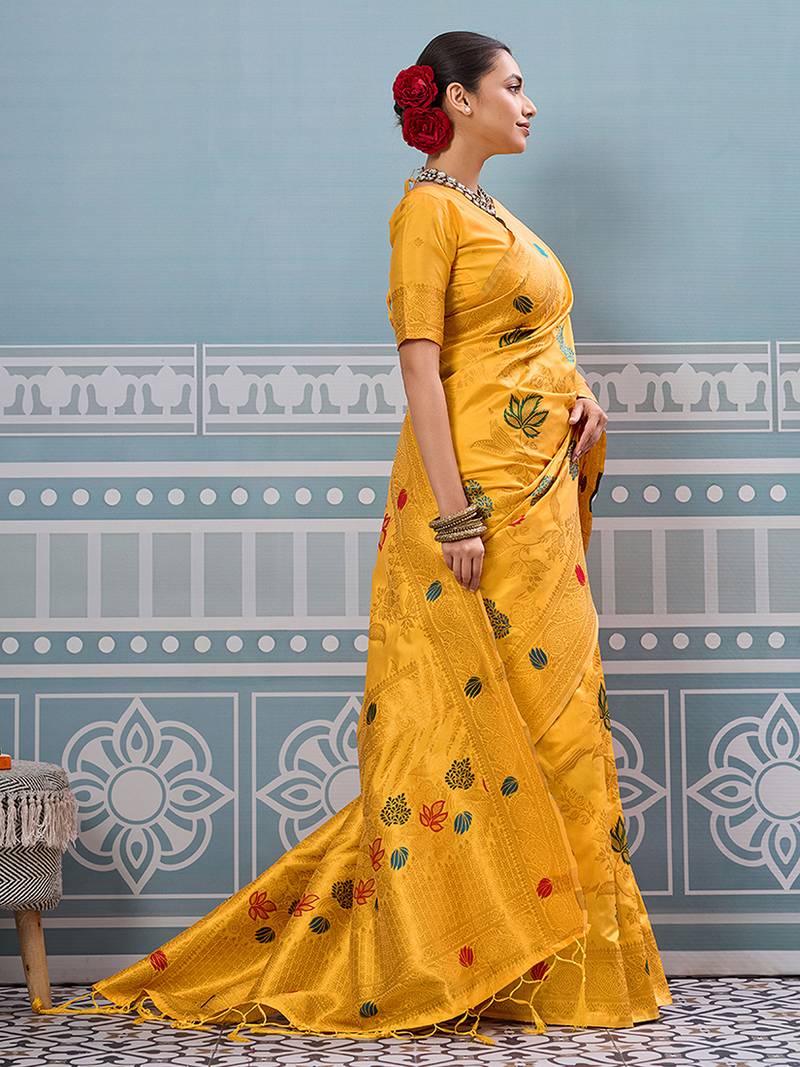 Mustard banarasi silk blend saree with gold zari floral weaving