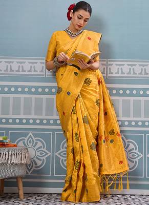 Mustard banarasi silk blend saree with gold zari floral weaving 4