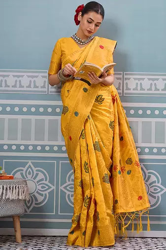 Mustard banarasi silk blend saree with gold zari floral weaving