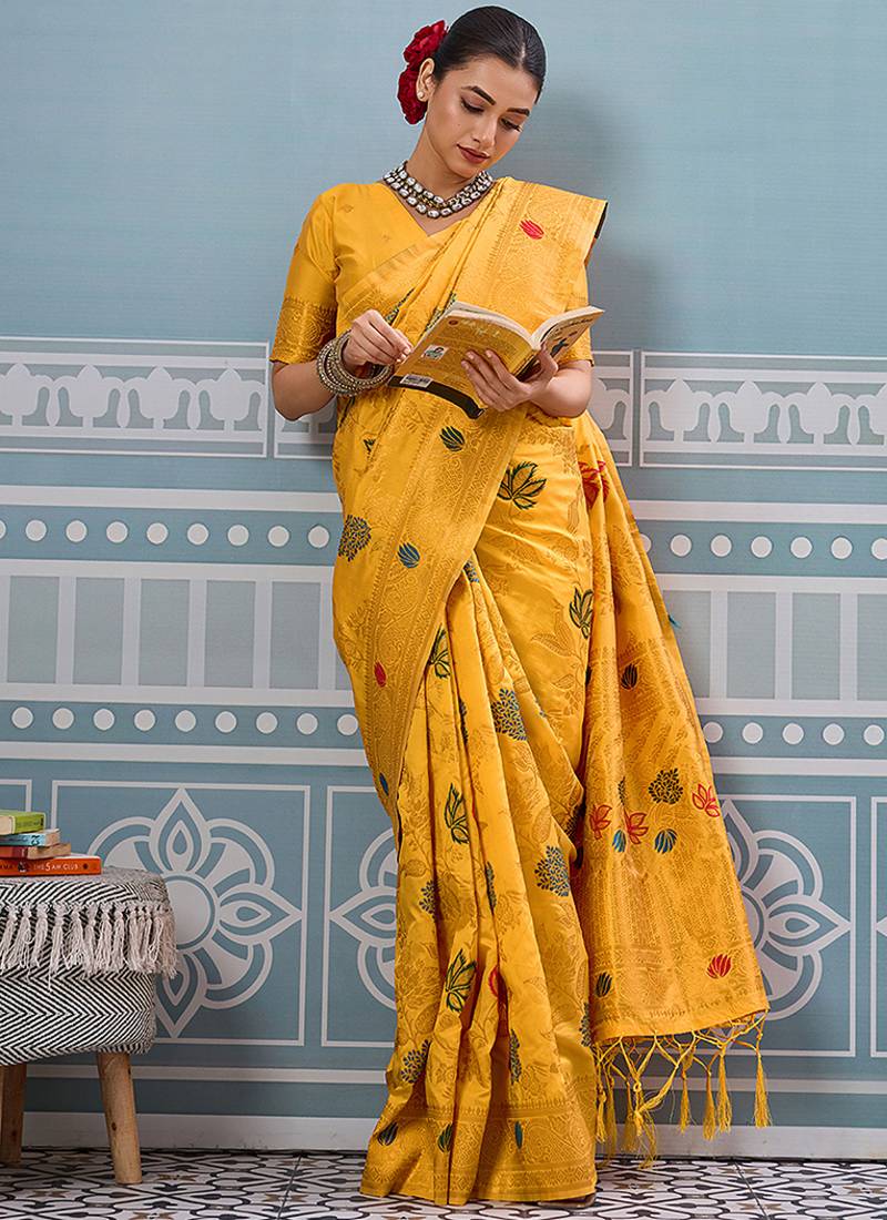 Mustard banarasi silk blend saree with gold zari floral weaving