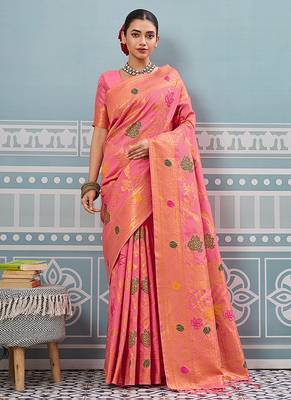 Pink banarasi silk blend saree with gold zari floral weaving 1