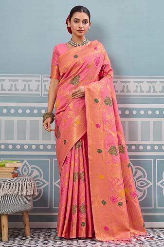 Pink banarasi silk blend saree with gold zari floral weaving