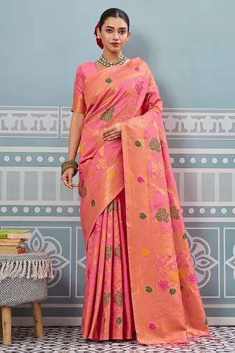 Pink banarasi silk blend saree with gold zari floral weaving