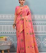 Pink banarasi silk blend saree with gold zari floral weaving
