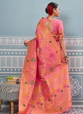 Pink banarasi silk blend saree with gold zari floral weaving 2