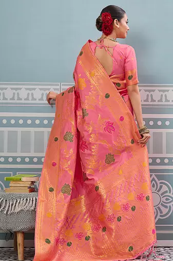 Pink banarasi silk blend saree with gold zari floral weaving