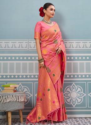 Pink banarasi silk blend saree with gold zari floral weaving 3