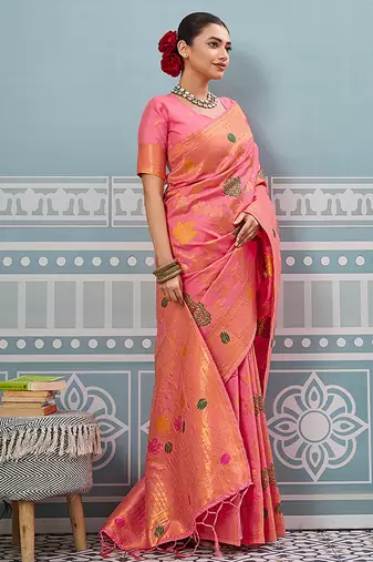 Pink banarasi silk blend saree with gold zari floral weaving