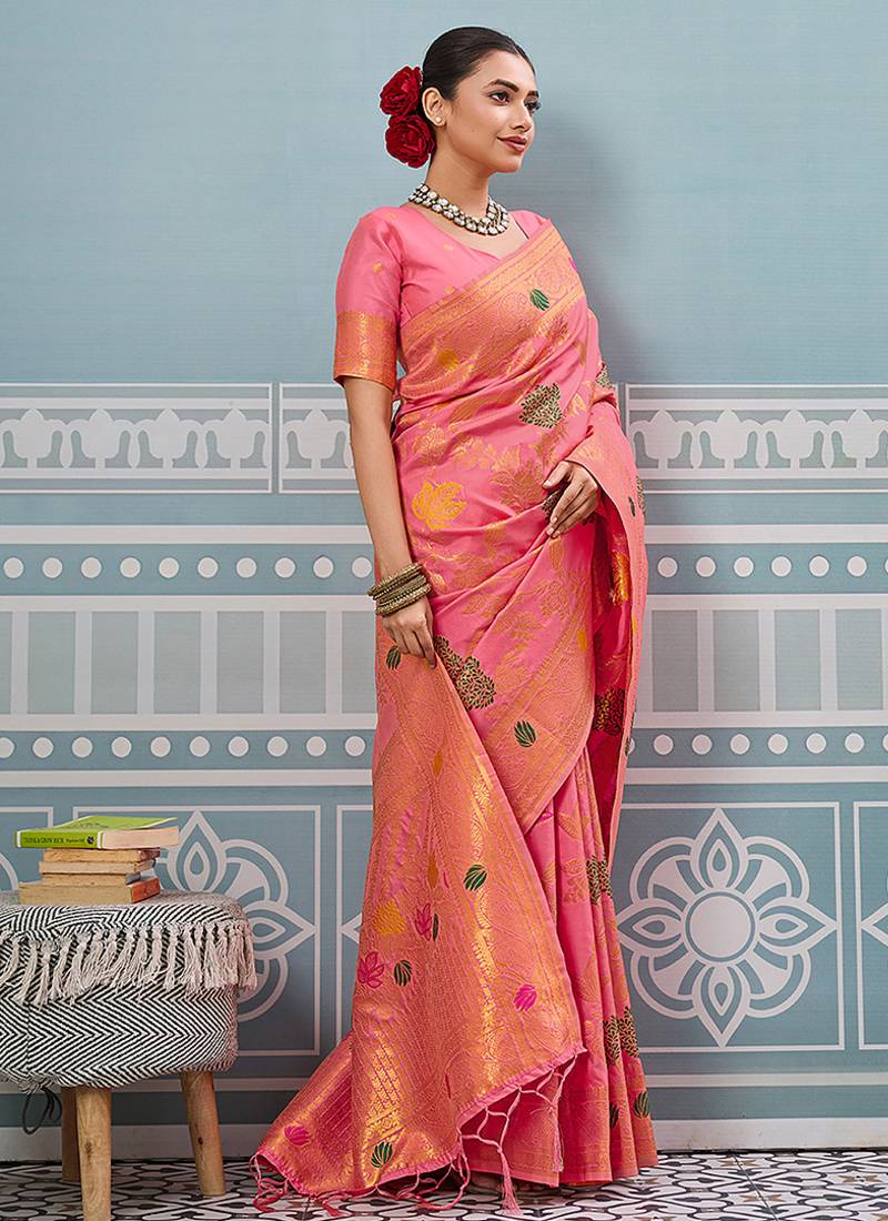 Pink banarasi silk blend saree with gold zari floral weaving