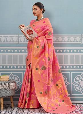 Pink banarasi silk blend saree with gold zari floral weaving 4