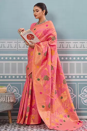 Pink banarasi silk blend saree with gold zari floral weaving