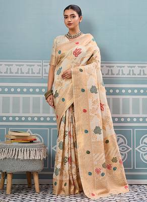 Off white banarasi silk blend saree with gold zari floral weaving 1