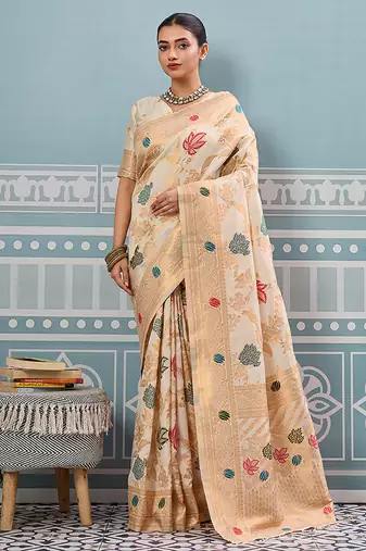 Off white banarasi silk blend saree with gold zari floral weaving