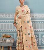 Off white banarasi silk blend saree with gold zari floral weaving
