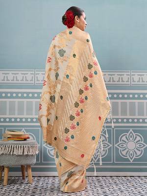 Off white banarasi silk blend saree with gold zari floral weaving 2