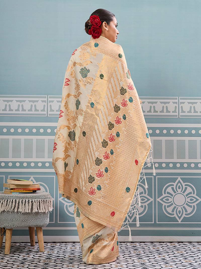 Off white banarasi silk blend saree with gold zari floral weaving