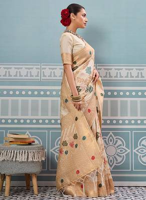 Off white banarasi silk blend saree with gold zari floral weaving 3