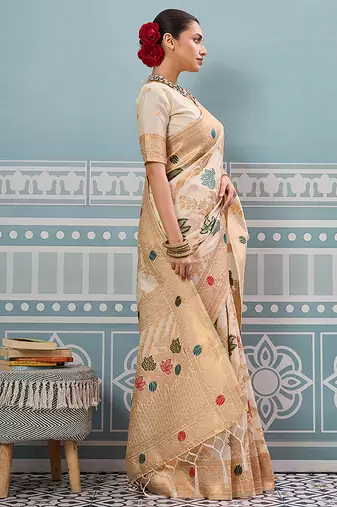 Off white banarasi silk blend saree with gold zari floral weaving