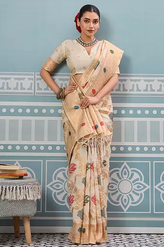 Off white banarasi silk blend saree with gold zari floral weaving