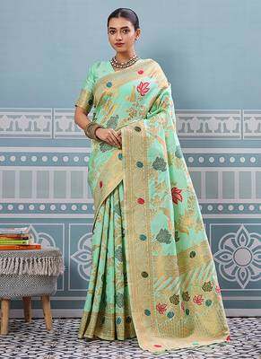 Mint green banarasi silk blend saree with gold zari floral weaving 1