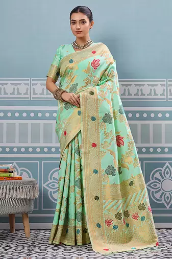 Mint green banarasi silk blend saree with gold zari floral weaving