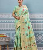 Mint green banarasi silk blend saree with gold zari floral weaving