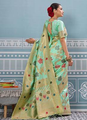 Mint green banarasi silk blend saree with gold zari floral weaving 2
