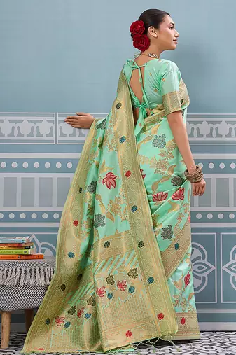 Mint green banarasi silk blend saree with gold zari floral weaving