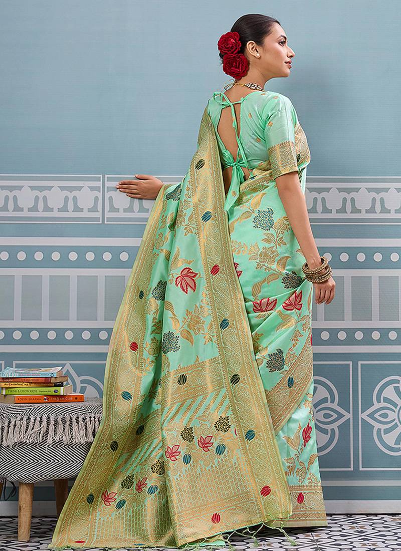 Mint green banarasi silk blend saree with gold zari floral weaving