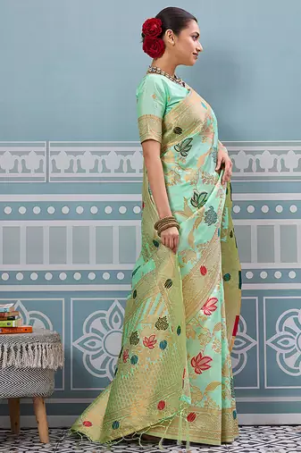 Mint green banarasi silk blend saree with gold zari floral weaving