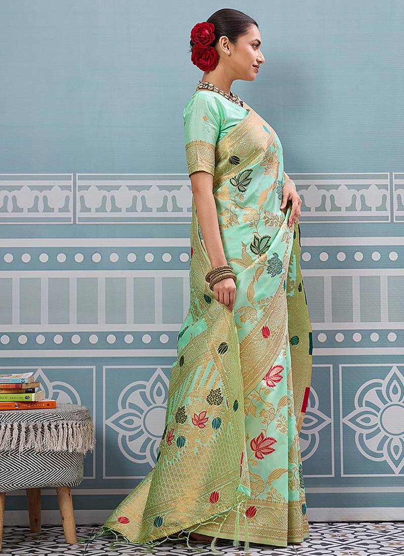 Mint green banarasi silk blend saree with gold zari floral weaving