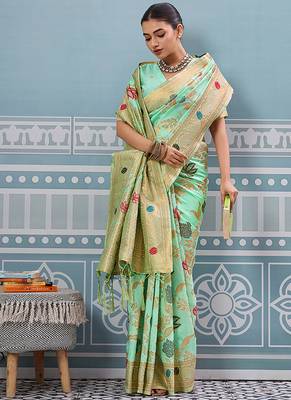 Mint green banarasi silk blend saree with gold zari floral weaving 4