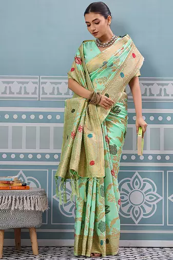 Mint green banarasi silk blend saree with gold zari floral weaving