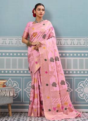 Baby pink banarasi silk blend saree with gold zari floral weaving 1