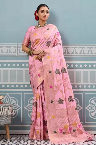 Baby pink banarasi silk blend saree with gold zari floral weaving