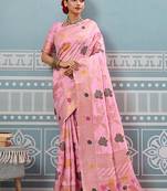Baby pink banarasi silk blend saree with gold zari floral weaving