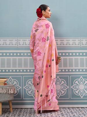 Baby pink banarasi silk blend saree with gold zari floral weaving 2