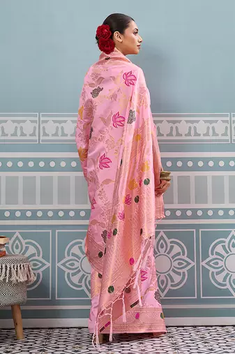 Baby pink banarasi silk blend saree with gold zari floral weaving