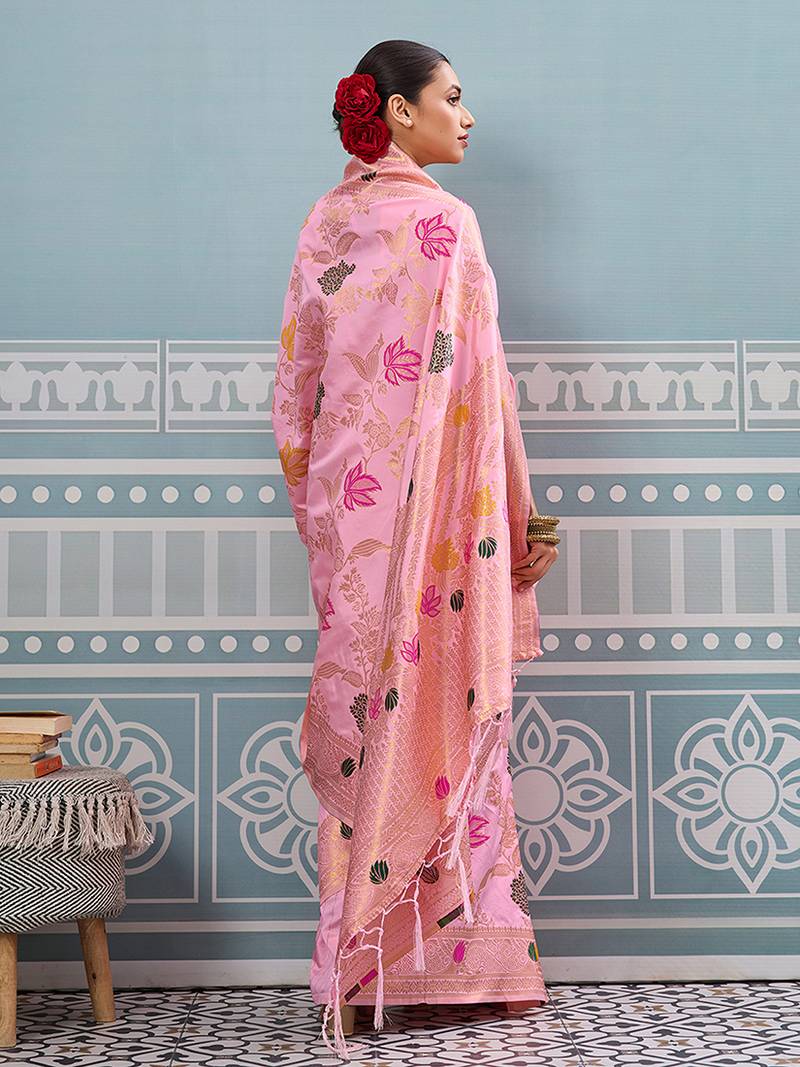 Baby pink banarasi silk blend saree with gold zari floral weaving