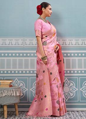 Baby pink banarasi silk blend saree with gold zari floral weaving 3