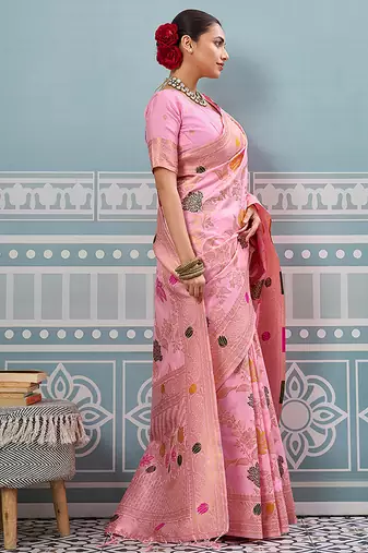 Baby pink banarasi silk blend saree with gold zari floral weaving