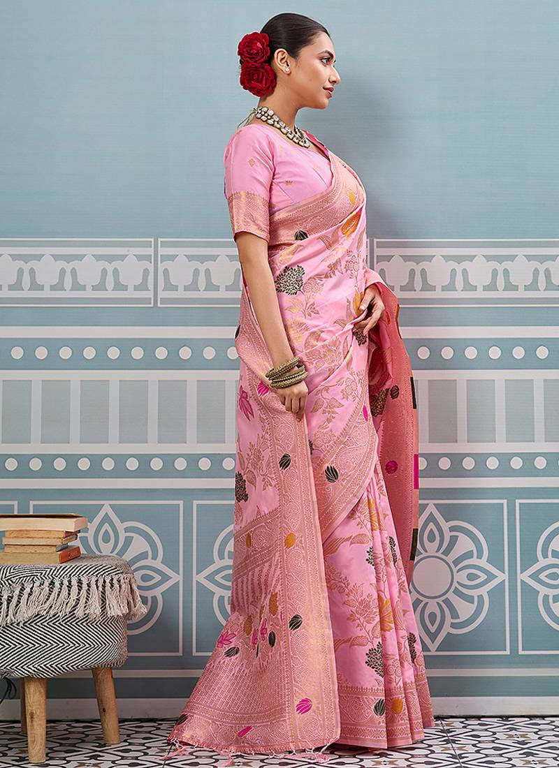 Baby pink banarasi silk blend saree with gold zari floral weaving