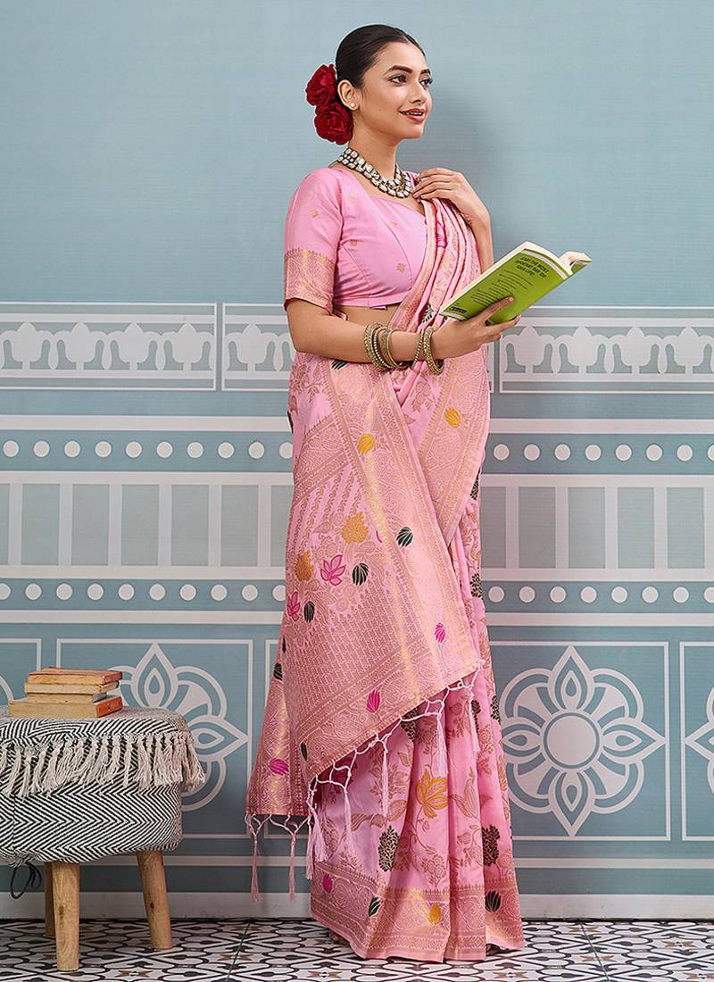 Baby pink banarasi silk blend saree with gold zari floral weaving