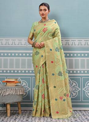 Light pistachio green banarasi silk blend saree with gold zari floral weaving 1
