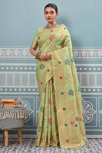 Light pistachio green banarasi silk blend saree with gold zari floral weaving