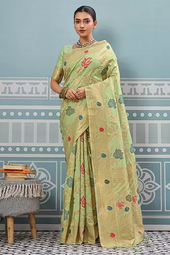 Light pistachio green banarasi silk blend saree with gold zari floral weaving