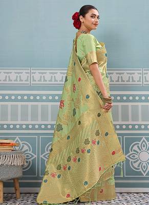 Light pistachio green banarasi silk blend saree with gold zari floral weaving 2